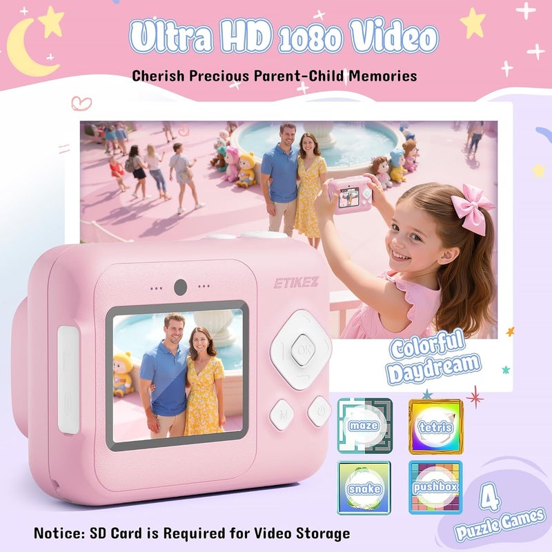ETIKEZ Kids Camera, 1080P Instant Digital Print Camera for Kids, Christmas Birthday Gifts for 4 5 6 7 8 9 10 Year Old Girls Boys, Portable Toy with 32GB SD Card & 3 Rolls Printing Paper, Pink - Image 4